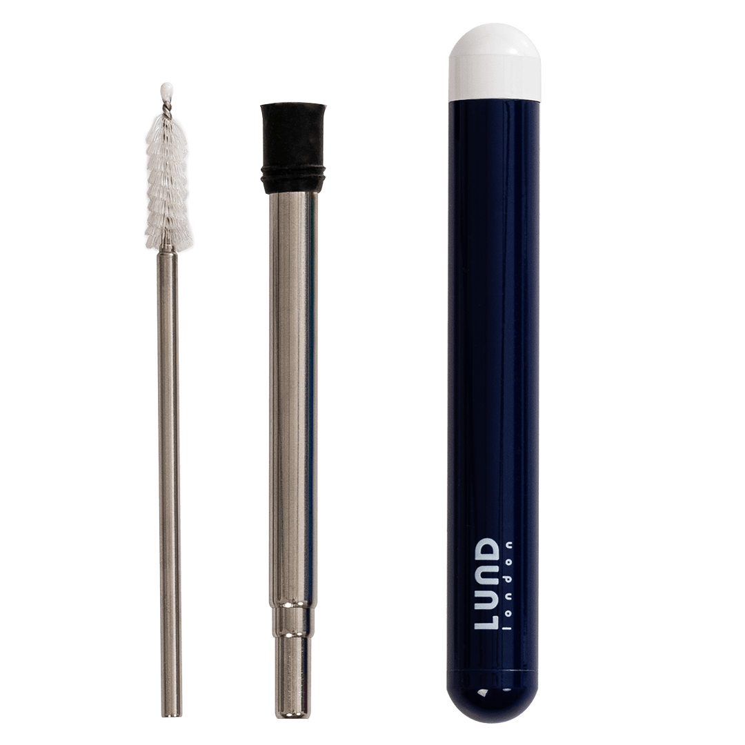 Lund London Stainless Steel Reusable Travel Straw - Navy Blue Travel Case with White Lid