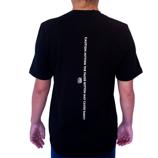 Caution hitting the pause button - Ethical organic unisex t-shirt Black Crew neck
