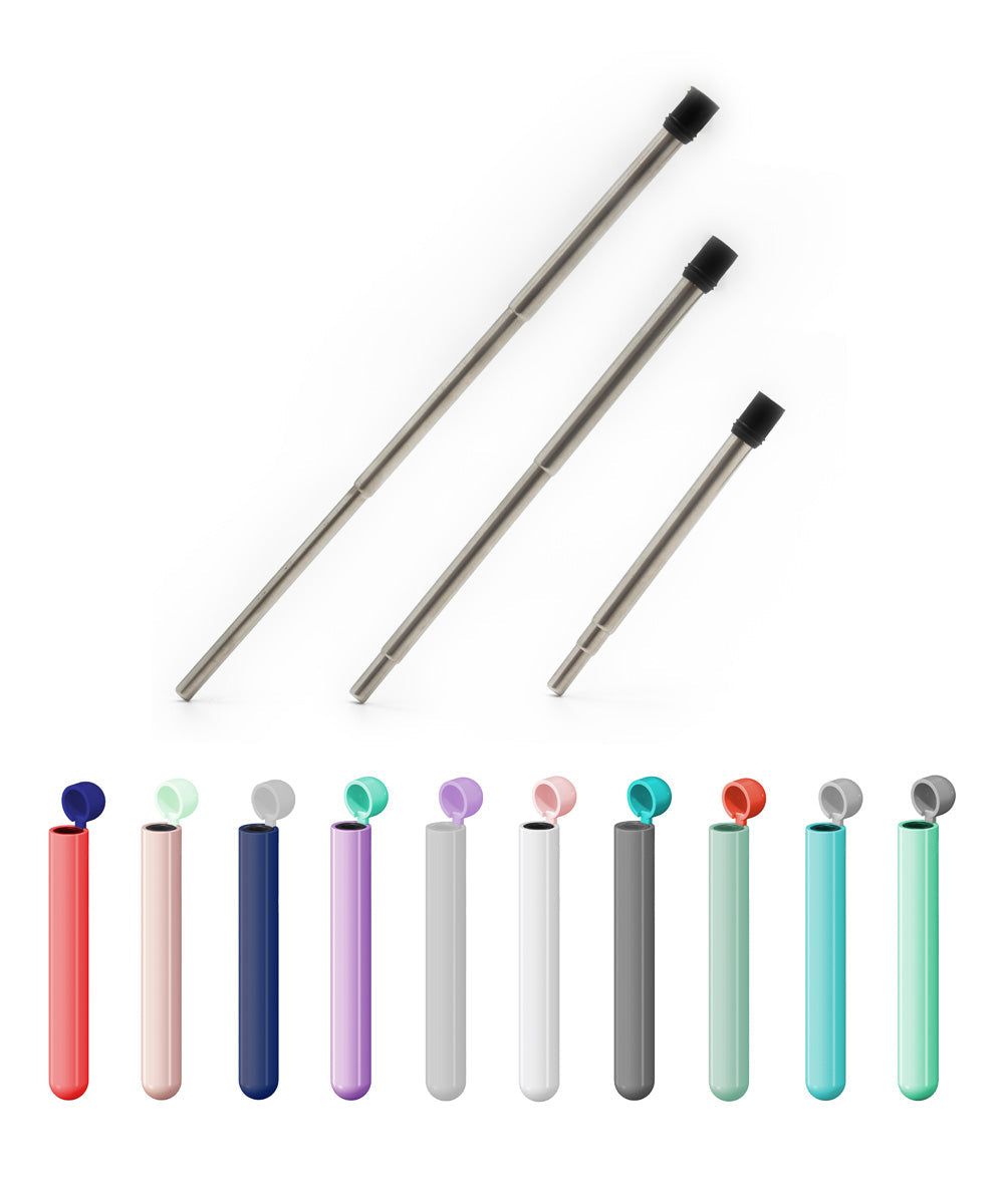 Lund London Stainless Steel Reusable Travel Straw - Image of several Case Colour Options and an example of how the Stainless Steel straw extends out to a full size or cocktail size straw