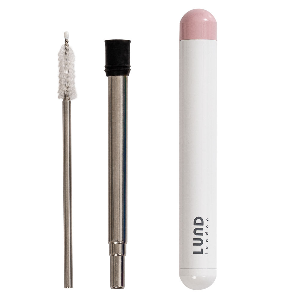 Lund London Stainless Steel Reusable Travel Straw - White Travel Case with Baby Pink Lid
